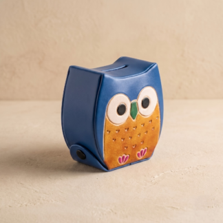 Pure leather owl design piggy bank — hand embossed genuine leather coin bank Shantiniketan