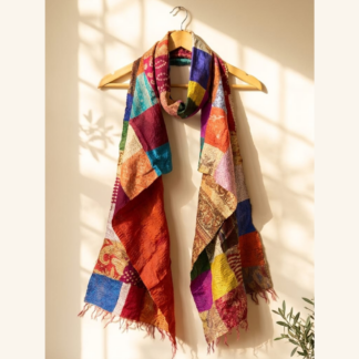 Reversible kantha stitch silk patchwork dupatta stole multicolor — handmade
