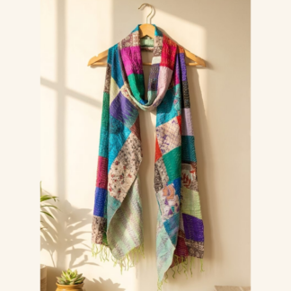 Reversible kantha stitch silk patchwork dupatta stole multicolor — handmade