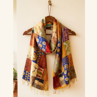 Reversible kantha stitch silk patchwork dupatta stole multicolor — handmade