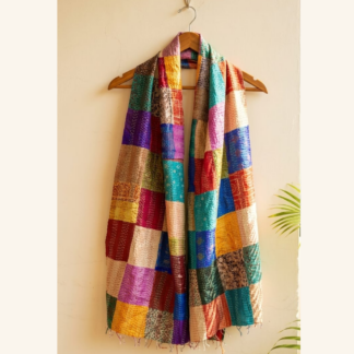 Reversible kantha stitch silk patchwork dupatta stole multicolor — handmade