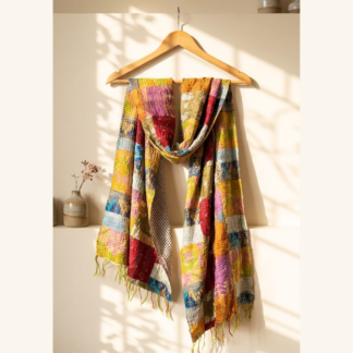 Reversible kantha stitch silk patchwork dupatta stole multicolor — handmade