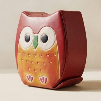 Pure leather owl design piggy bank — hand embossed genuine leather coin bank Shantiniketan