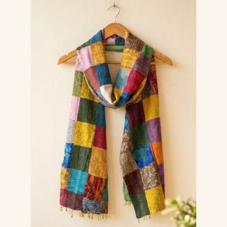 Reversible kantha stitch silk patchwork dupatta stole multicolor — handmade