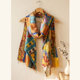 Reversible kantha stitch silk patchwork dupatta stole multicolor — handmade