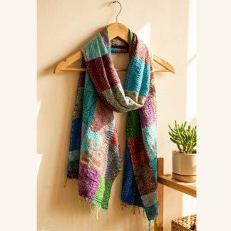 Reversible kantha stitch silk patchwork dupatta stole multicolor — handmade