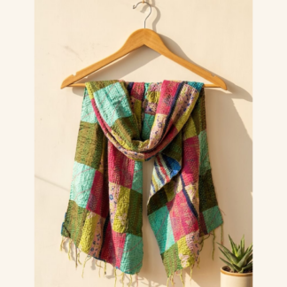 Reversible kantha stitch silk patchwork dupatta stole multicolor — handmade