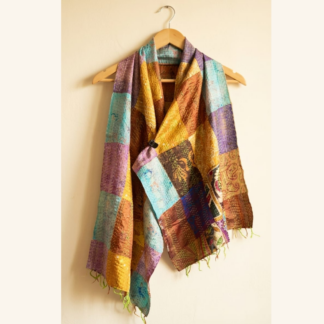 Reversible kantha stitch silk patchwork dupatta stole multicolor — handmade