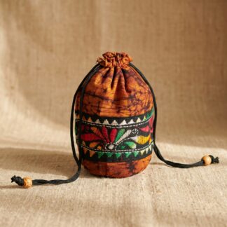 Hand Batik Kantha Stitch Cotton Potli Bag — Yellow | Handcrafted Drawstring Batua Bag for Women