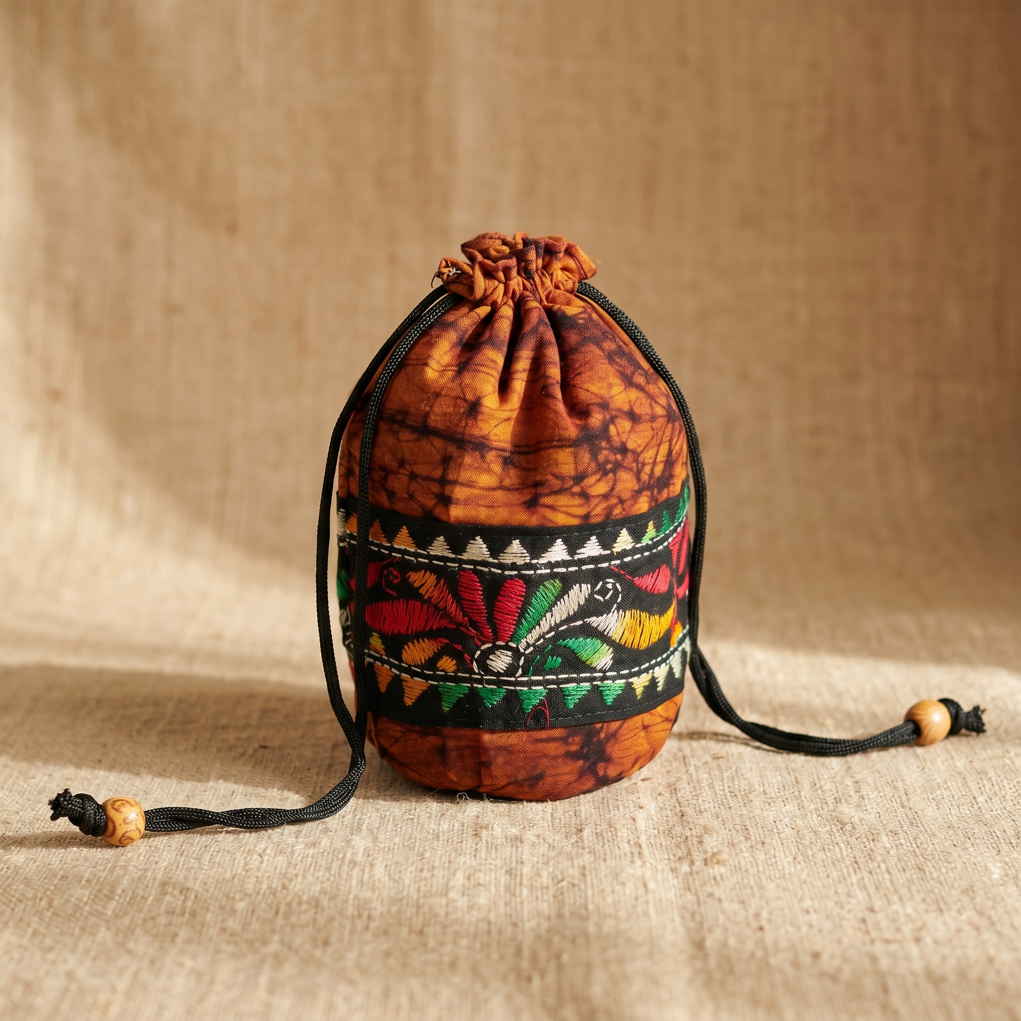Hand Batik Kantha Stitch Cotton Potli Bag — Yellow | Handcrafted Drawstring Batua Bag for Women