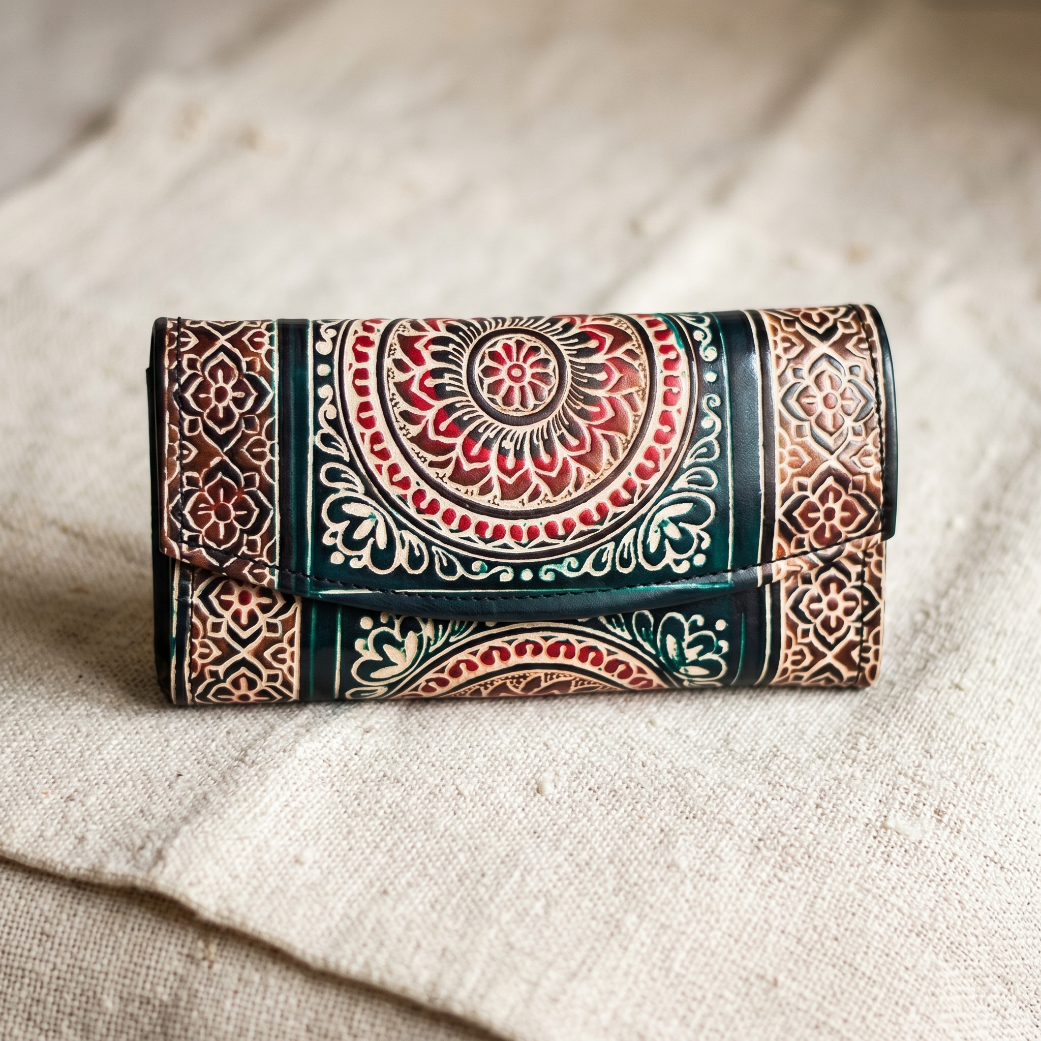 Hand Embossed Leather Clutch Purse for Women — Genuine Leather Zip Bag