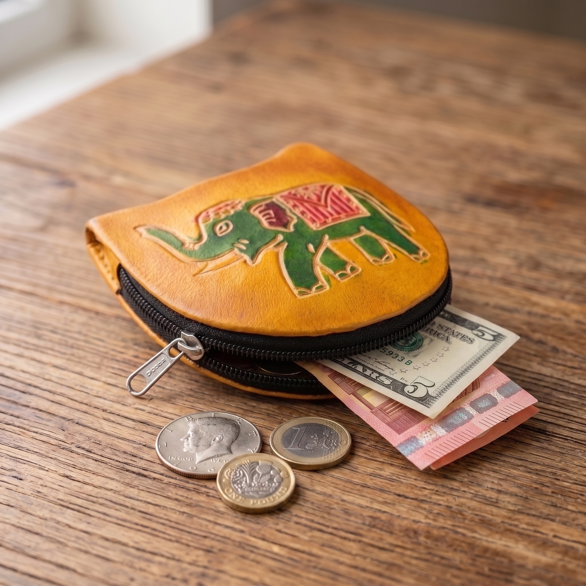 hand emobossed leather elephant coin purse