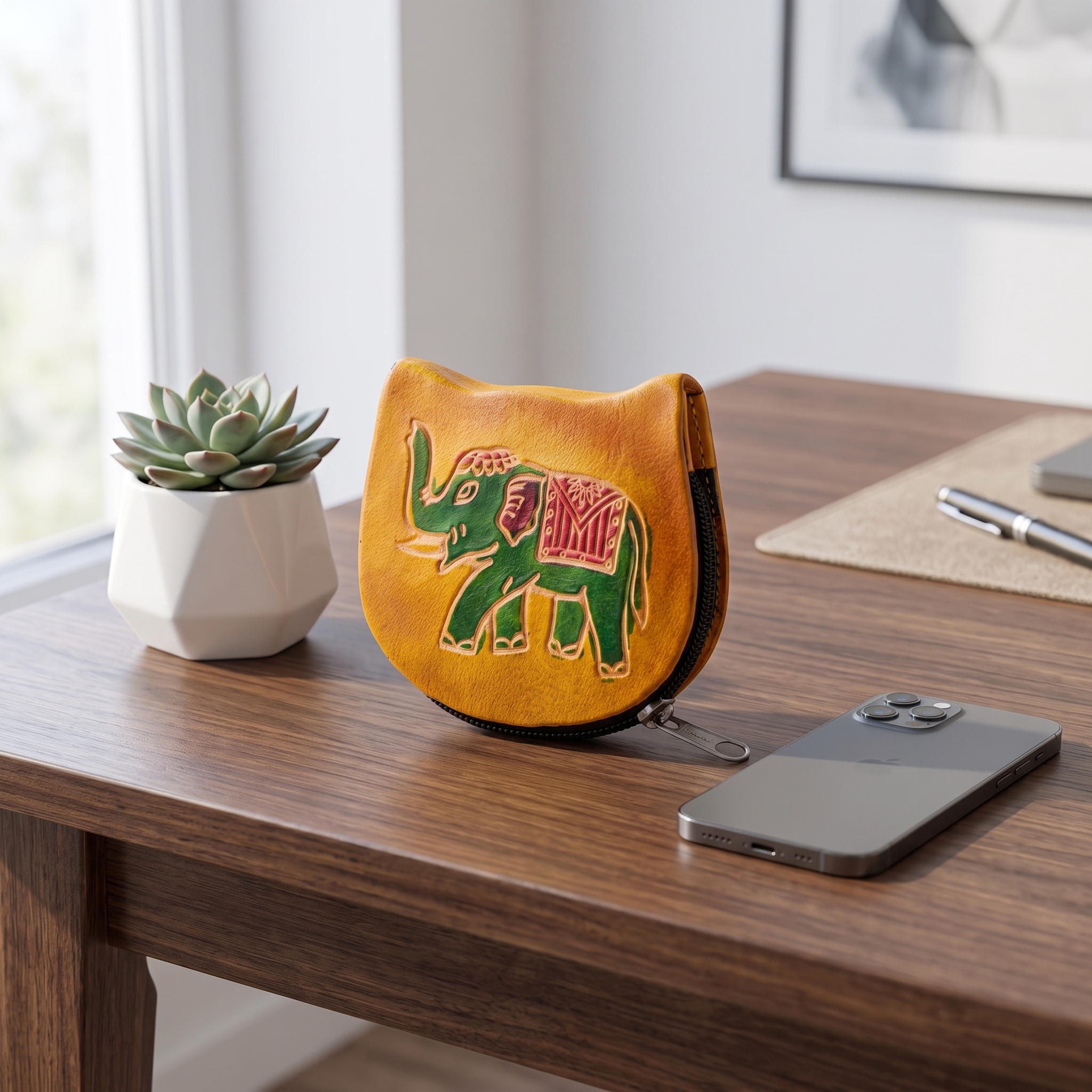 hand emobossed leather elephant coin purse