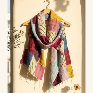 Reversible kantha stitch silk patchwork dupatta stole multicolor — handmade