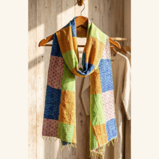 Reversible kantha stitch silk patchwork dupatta stole multicolor — handmade