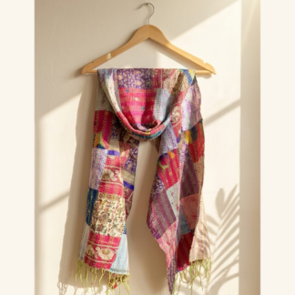 Reversible kantha stitch silk patchwork dupatta stole multicolor — handmade