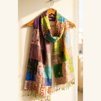 Reversible kantha stitch silk patchwork dupatta stole multicolor — handmade