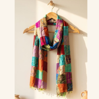 Reversible kantha stitch silk patchwork dupatta stole multicolor — handmade
