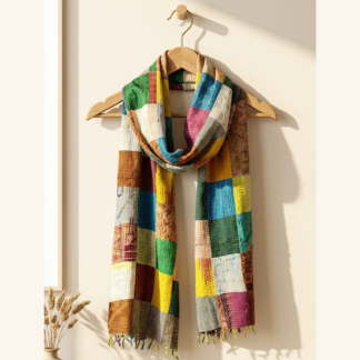 Reversible kantha stitch silk patchwork dupatta stole multicolor — handmade