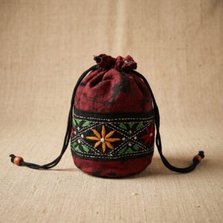 Hand Batik Kantha Stitch Cotton Potli Bag — Maroon | Handcrafted Drawstring Batua Bag for Women