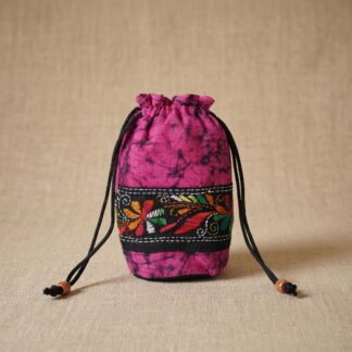 Hand Batik Kantha Stitch Cotton Potli Bag — Pink | Handcrafted Drawstring Batua Bag for Women