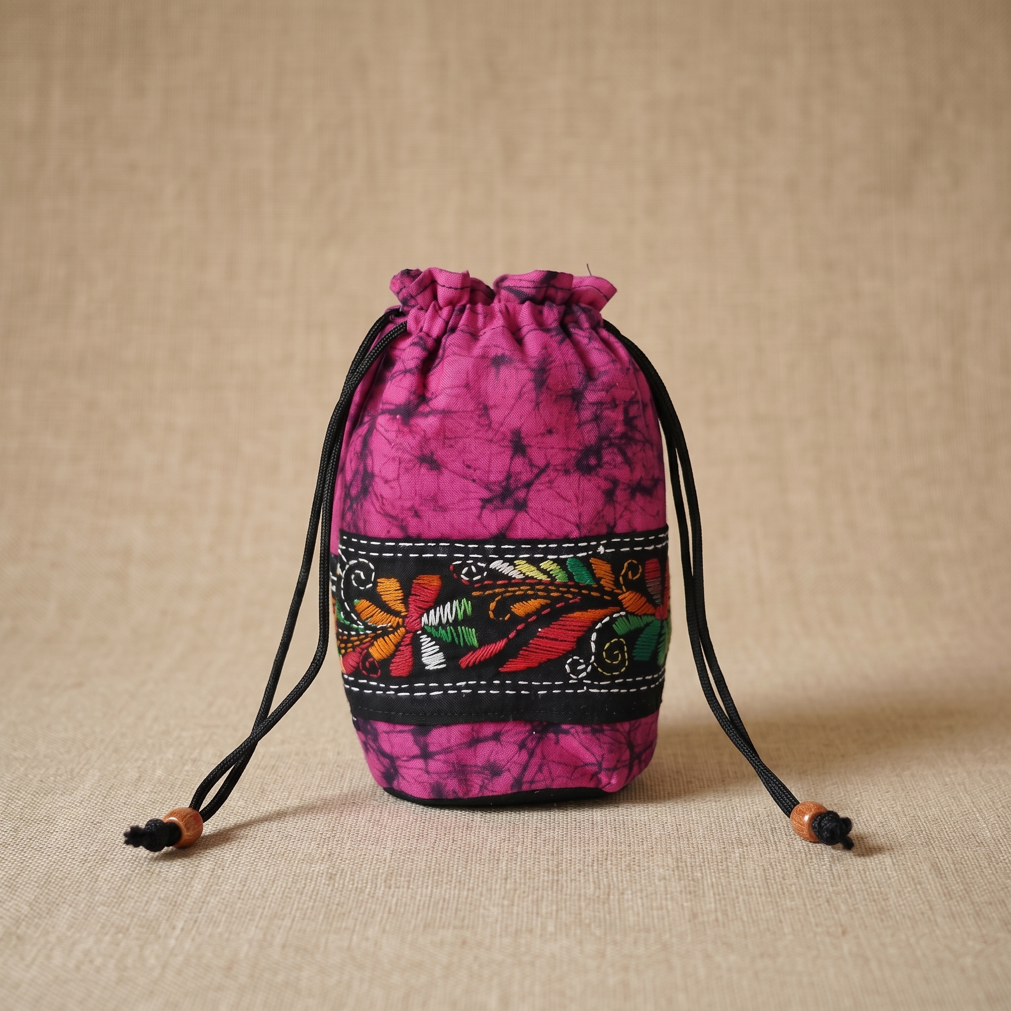 Hand Batik Kantha Stitch Cotton Potli Bag — Pink | Handcrafted Drawstring Batua Bag for Women