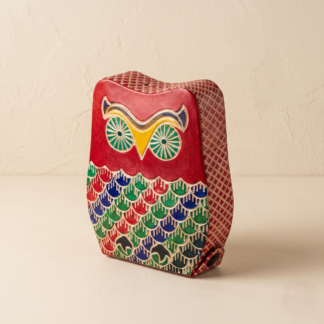 Pure leather owl design piggy bank — hand embossed genuine leather coin bank Shantiniketan