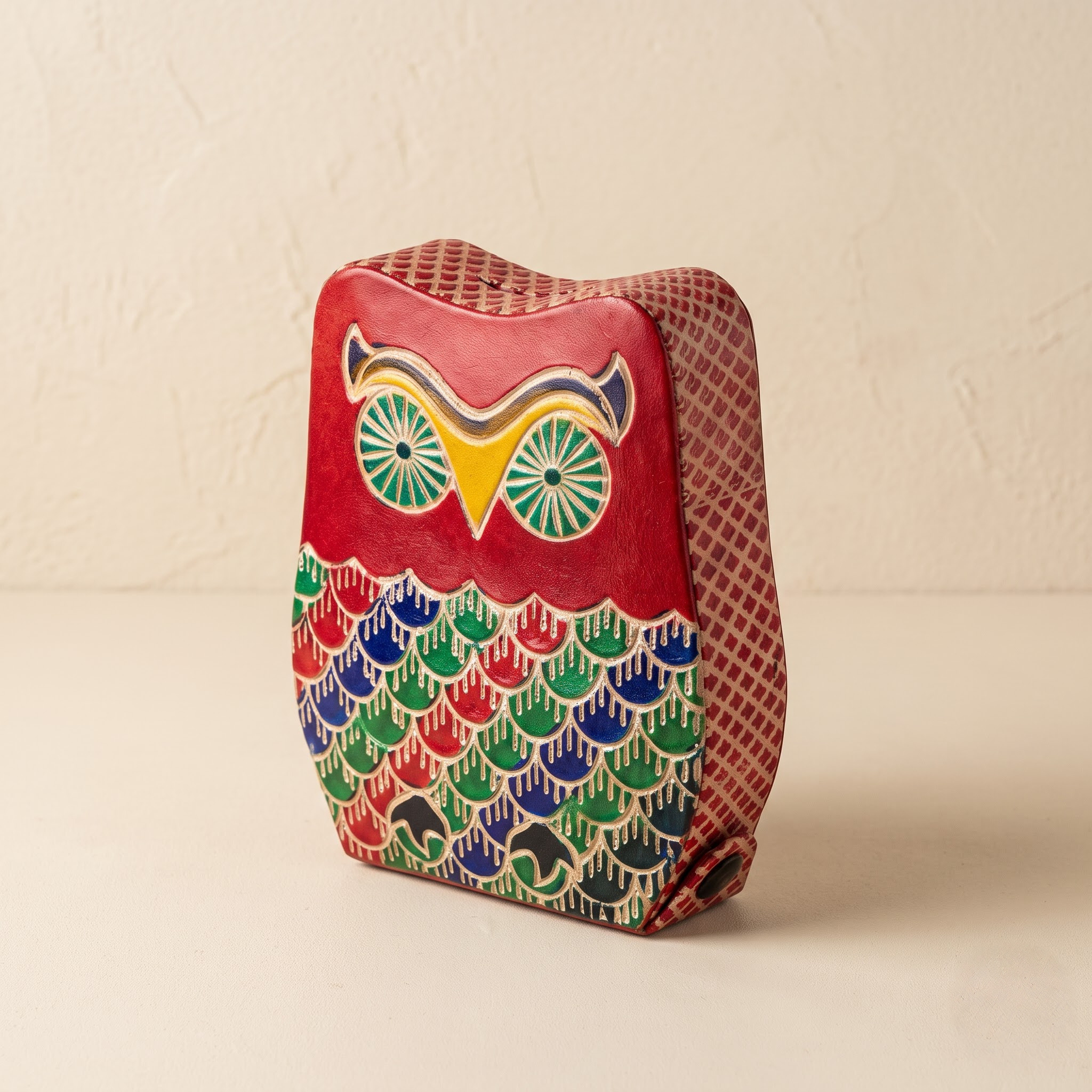 Pure leather owl design piggy bank — hand embossed genuine leather coin bank Shantiniketan