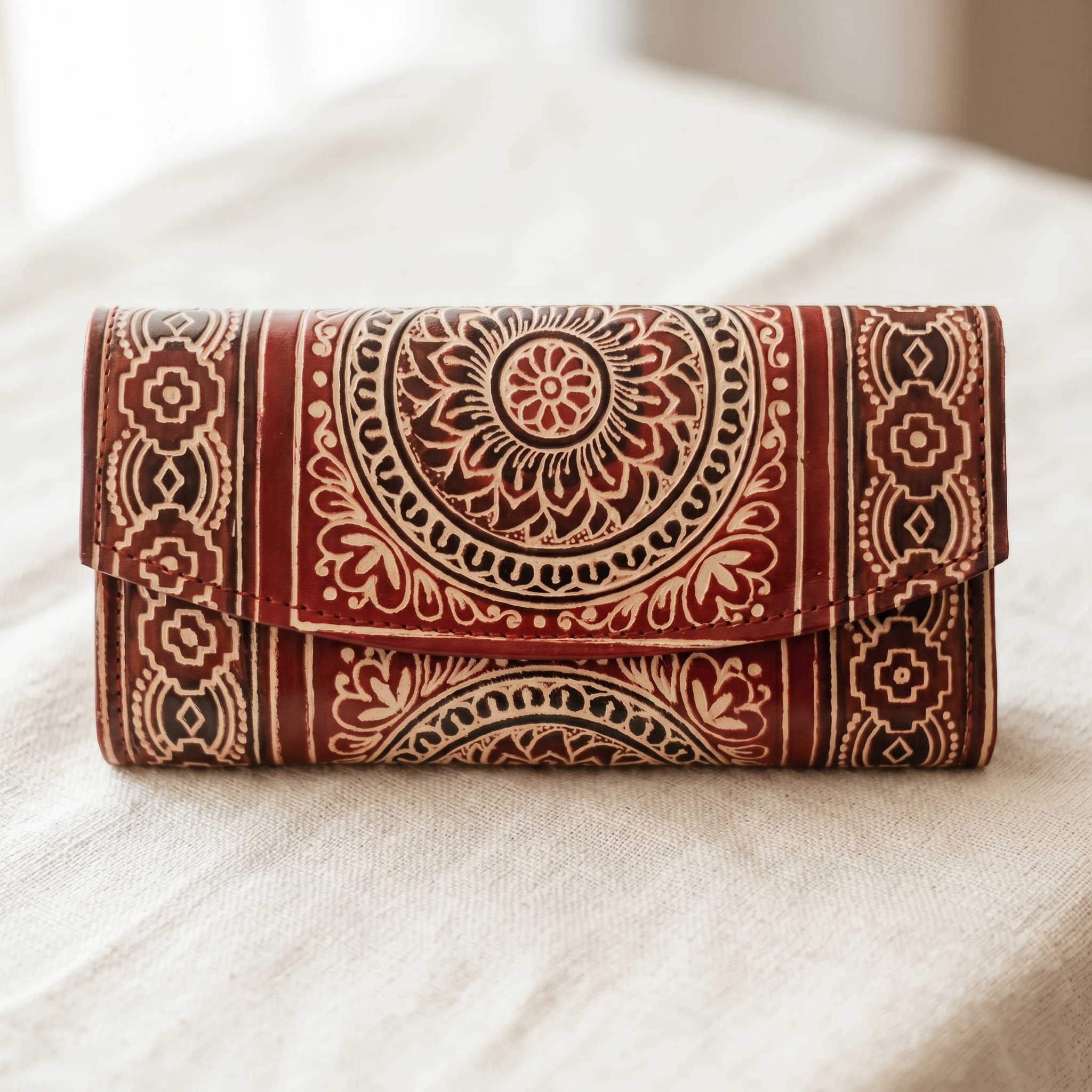 Hand Embossed Leather Clutch Purse for Women — Genuine Leather Zip Bag