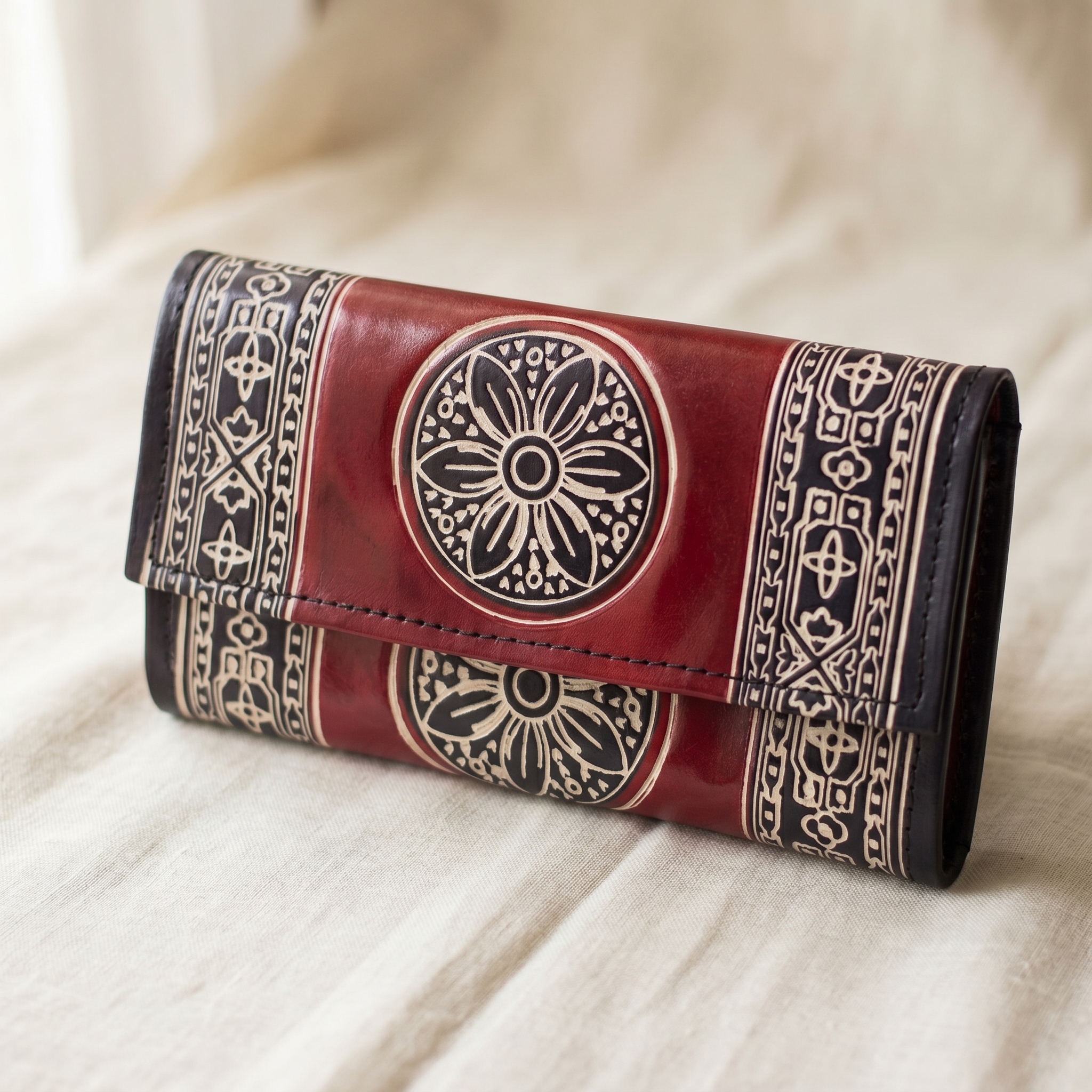 Hand Embossed Leather Clutch Purse for Women — Genuine Leather Zip Bag