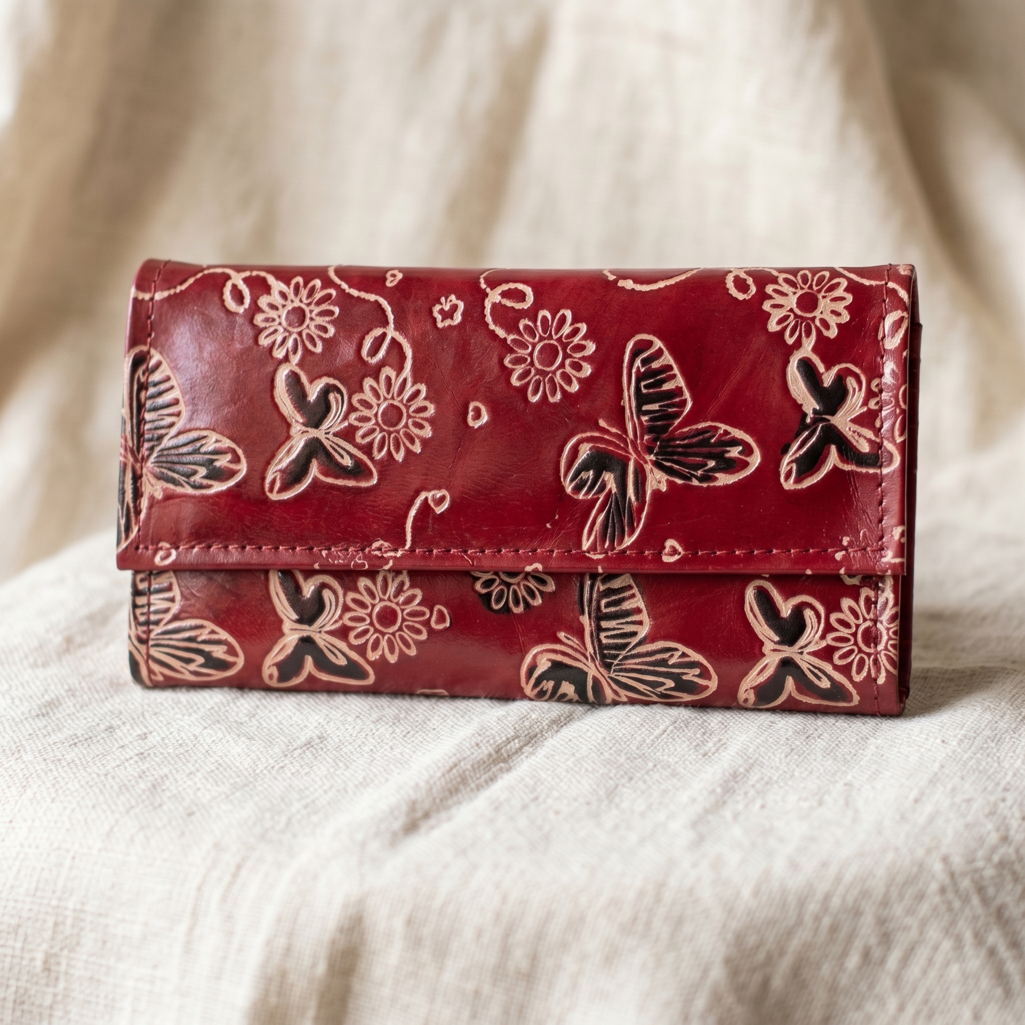 Hand Embossed Leather Clutch Purse for Women — Genuine Leather Zip Bag