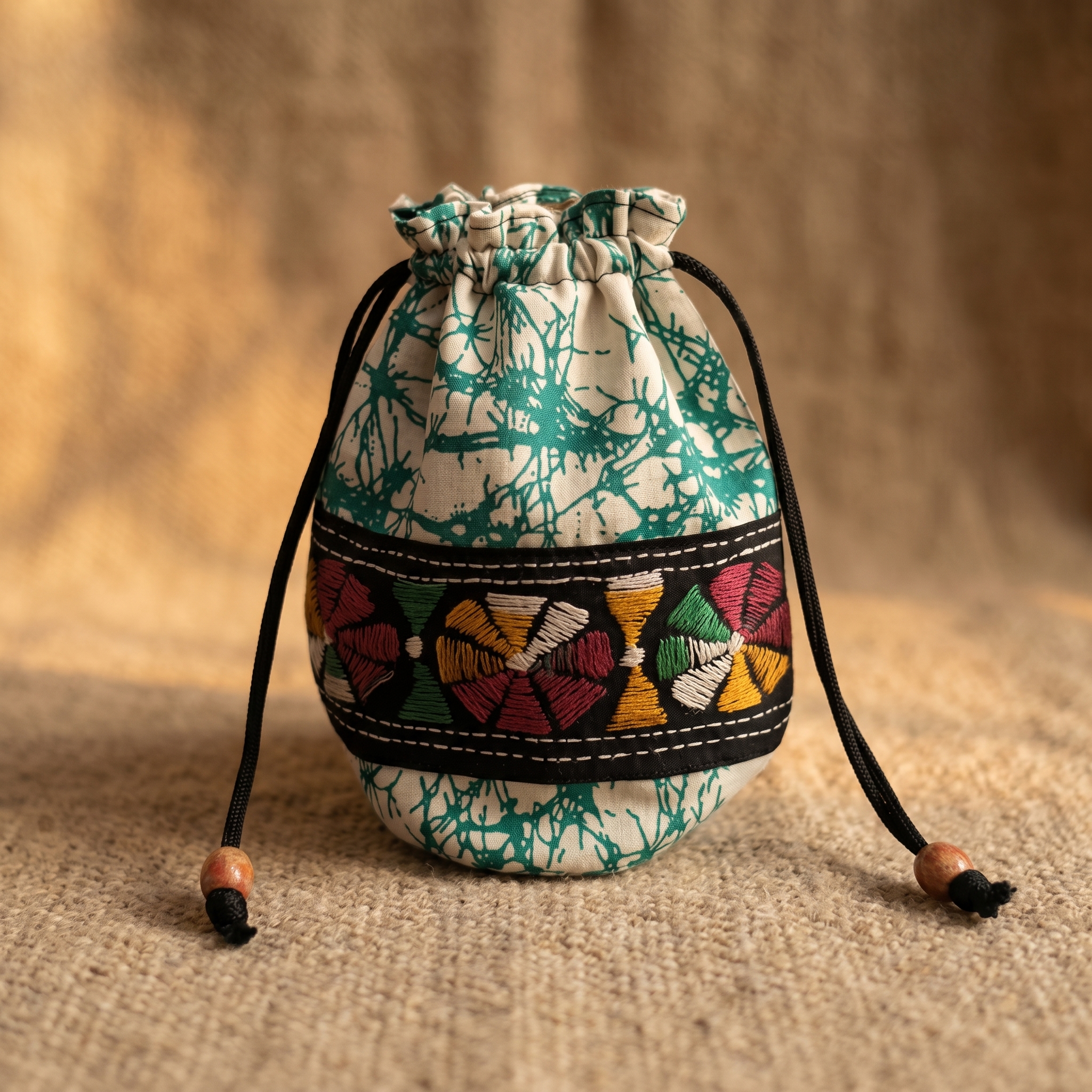 Hand Batik Kantha Stitch Cotton Potli Bag — White | Handcrafted Drawstring Batua Bag for Women
