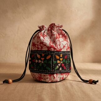 Hand Batik Kantha Stitch Cotton Potli Bag — White | Handcrafted Drawstring Batua Bag for Women