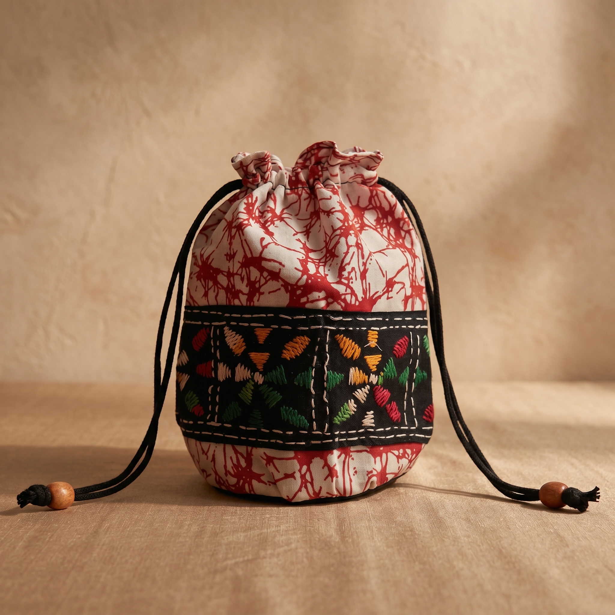Hand Batik Kantha Stitch Cotton Potli Bag — White | Handcrafted Drawstring Batua Bag for Women
