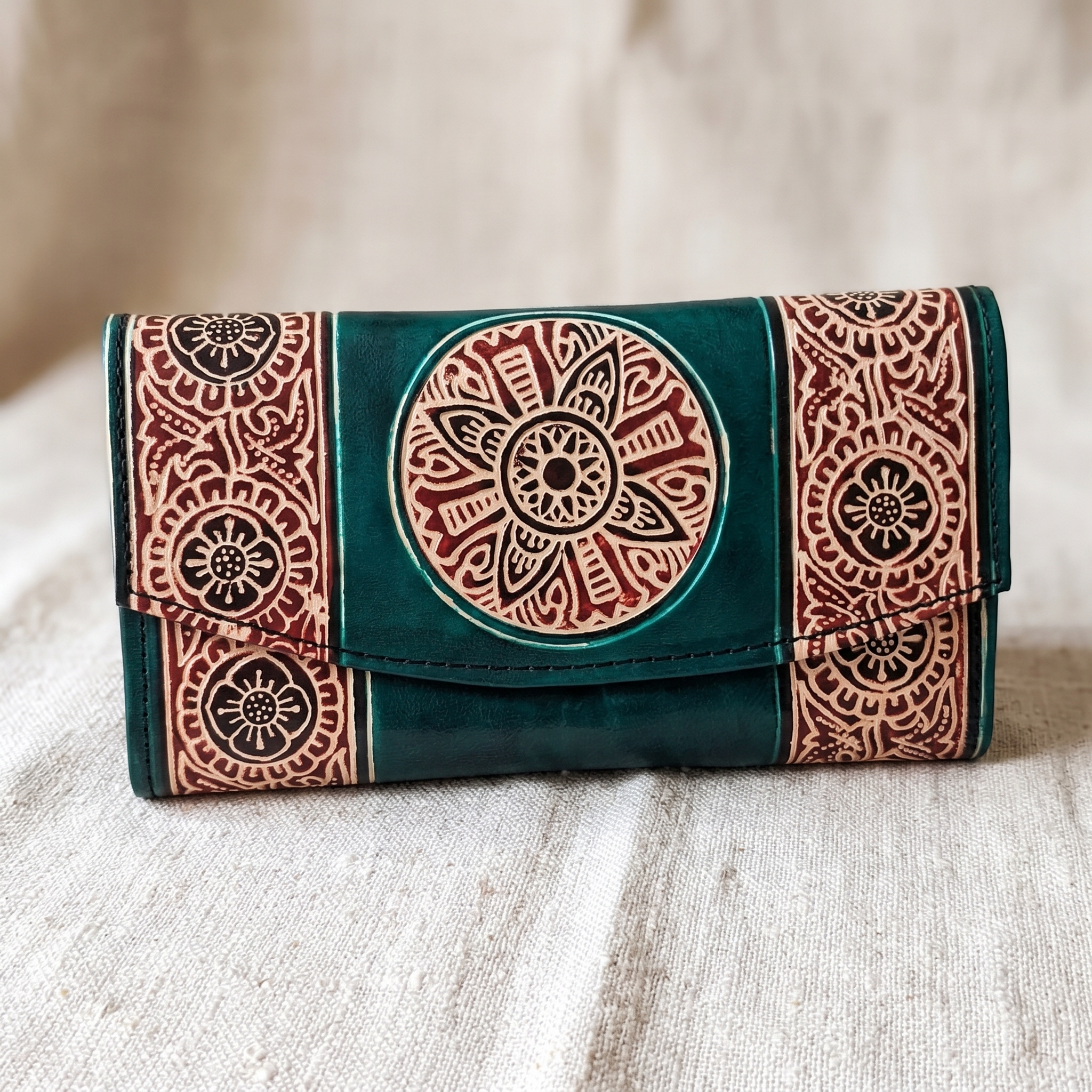Hand Embossed Leather Clutch Purse for Women — Genuine Leather Zip Bag
