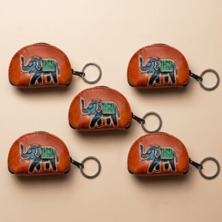 Hand Embossed Leather Elephant Keyring with Coin Purse — Set of 5 | Handmade Return Gift Set