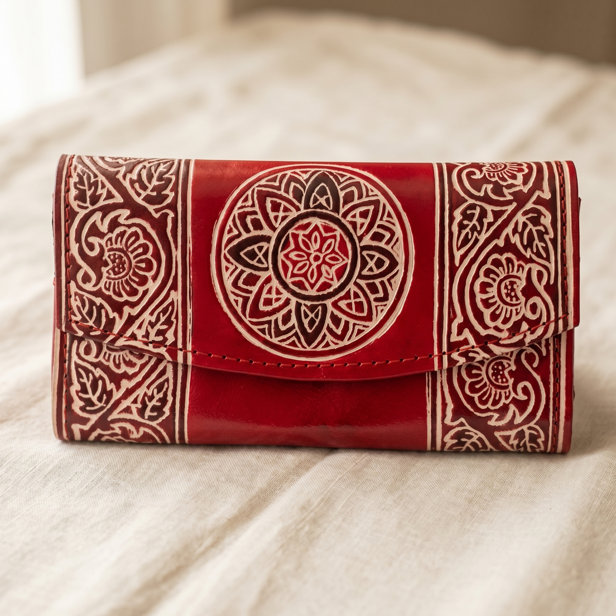 Hand Embossed Leather Clutch Purse for Women — Genuine Leather Zip Bag