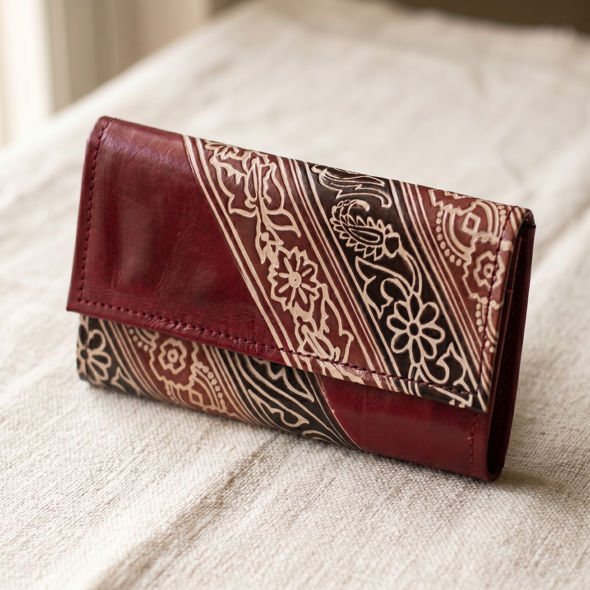 Hand Embossed Leather Clutch Purse for Women — Genuine Leather Zip Bag