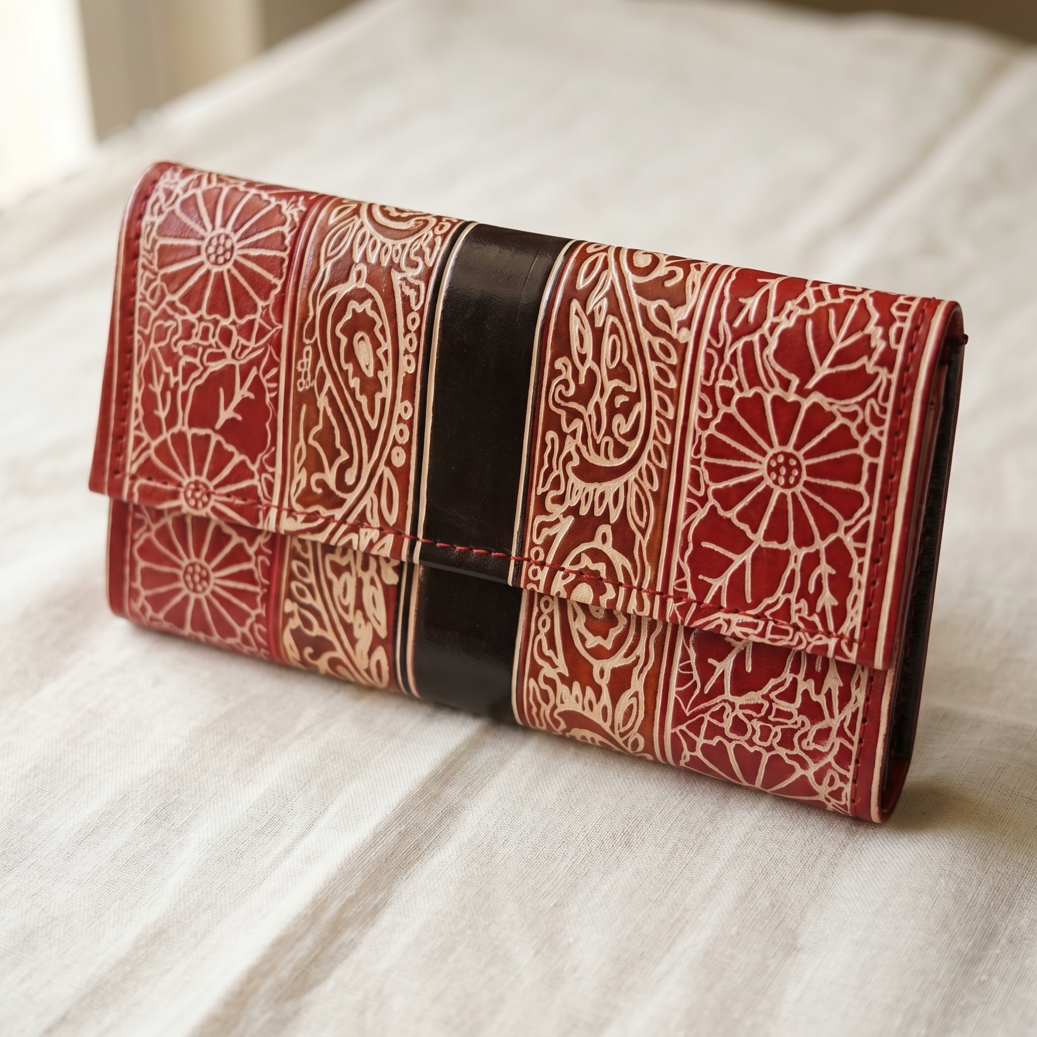 Hand Embossed Leather Clutch Purse for Women — Genuine Leather Zip Bag