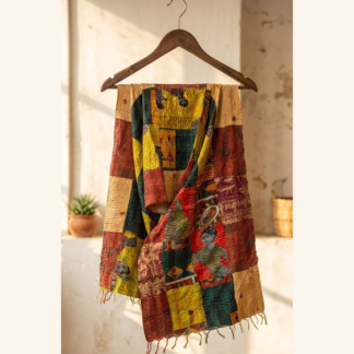 Reversible kantha stitch silk patchwork dupatta stole multicolor — handmade