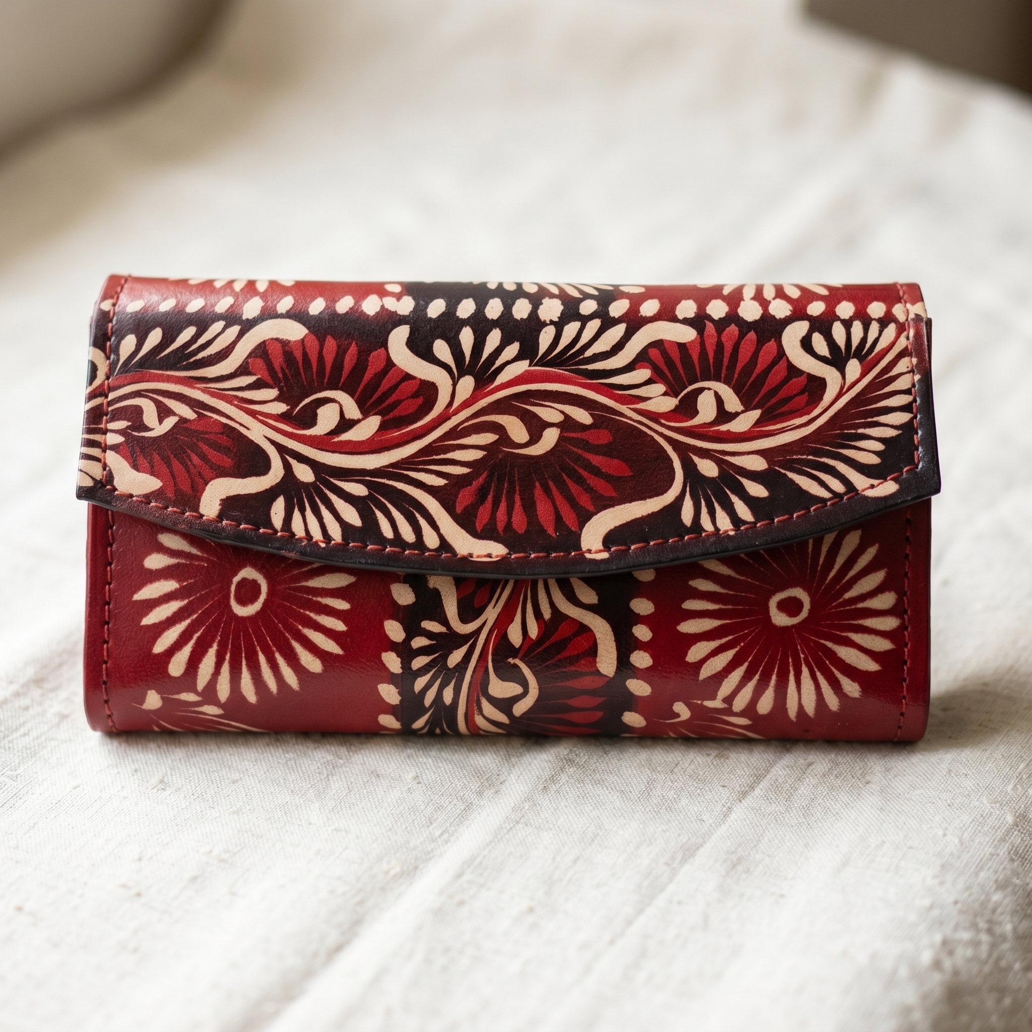 Hand Painted Batik Leather Clutch Purse for Women — Genuine Leather Zip Clutch Bag
