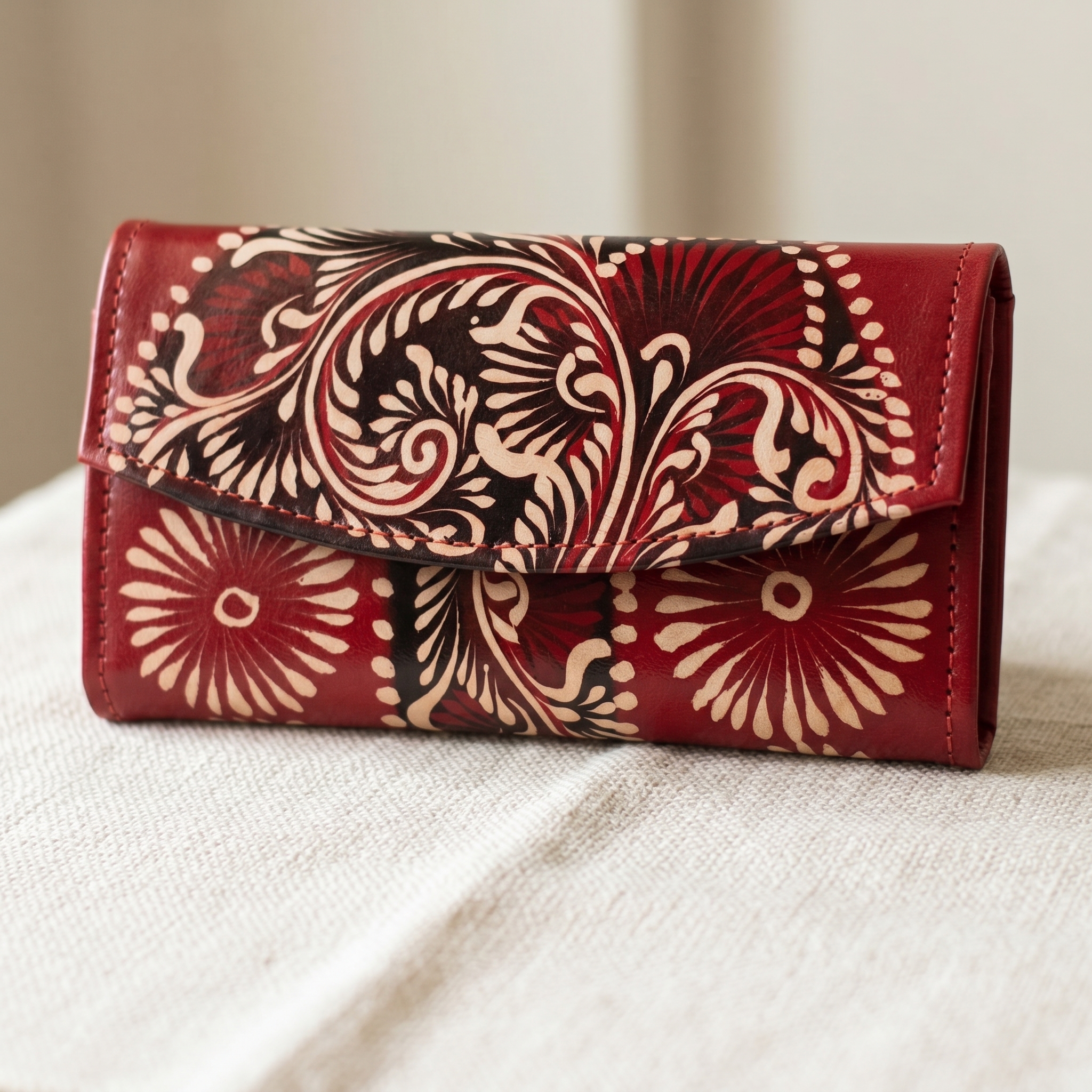 Hand Painted Batik Leather Clutch Purse for Women — Genuine Leather Zip Clutch Bag