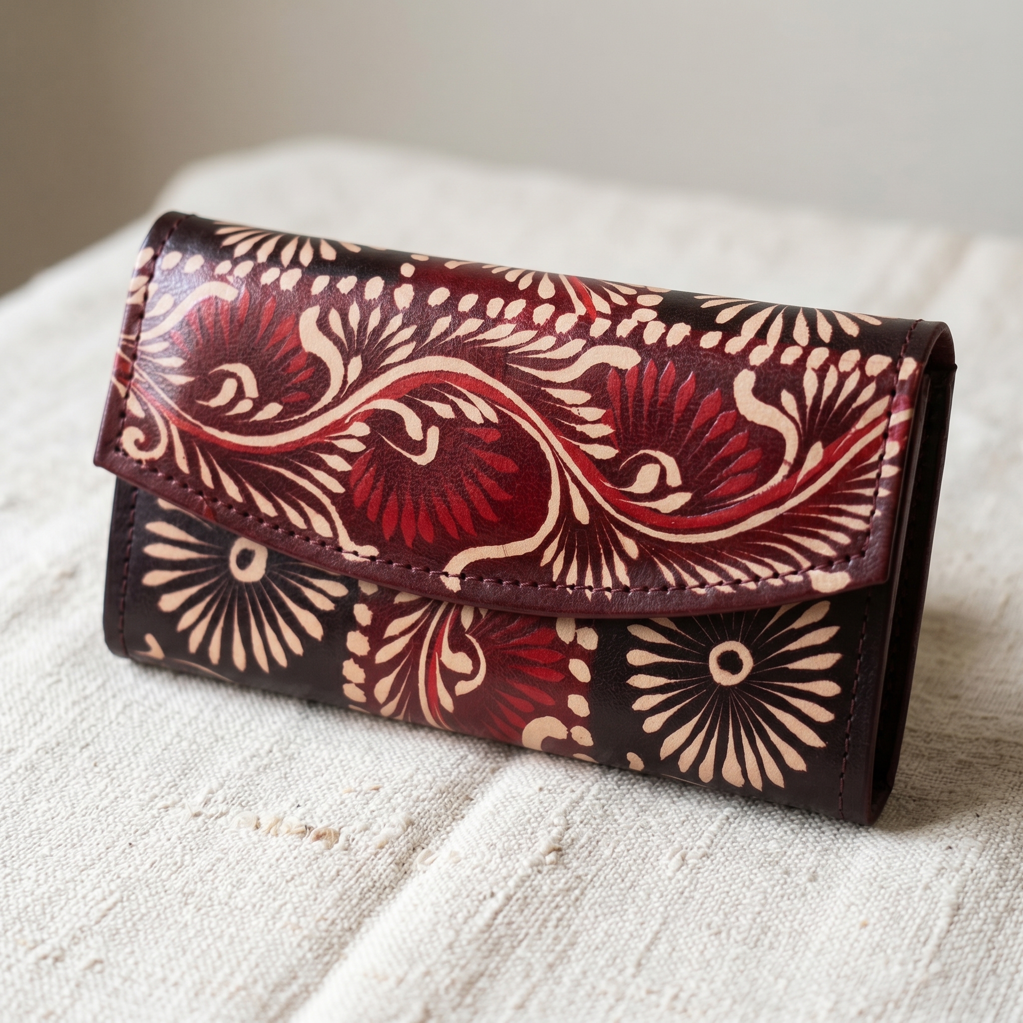 Hand Painted Batik Leather Clutch Purse for Women — Genuine Leather Zip Clutch Bag