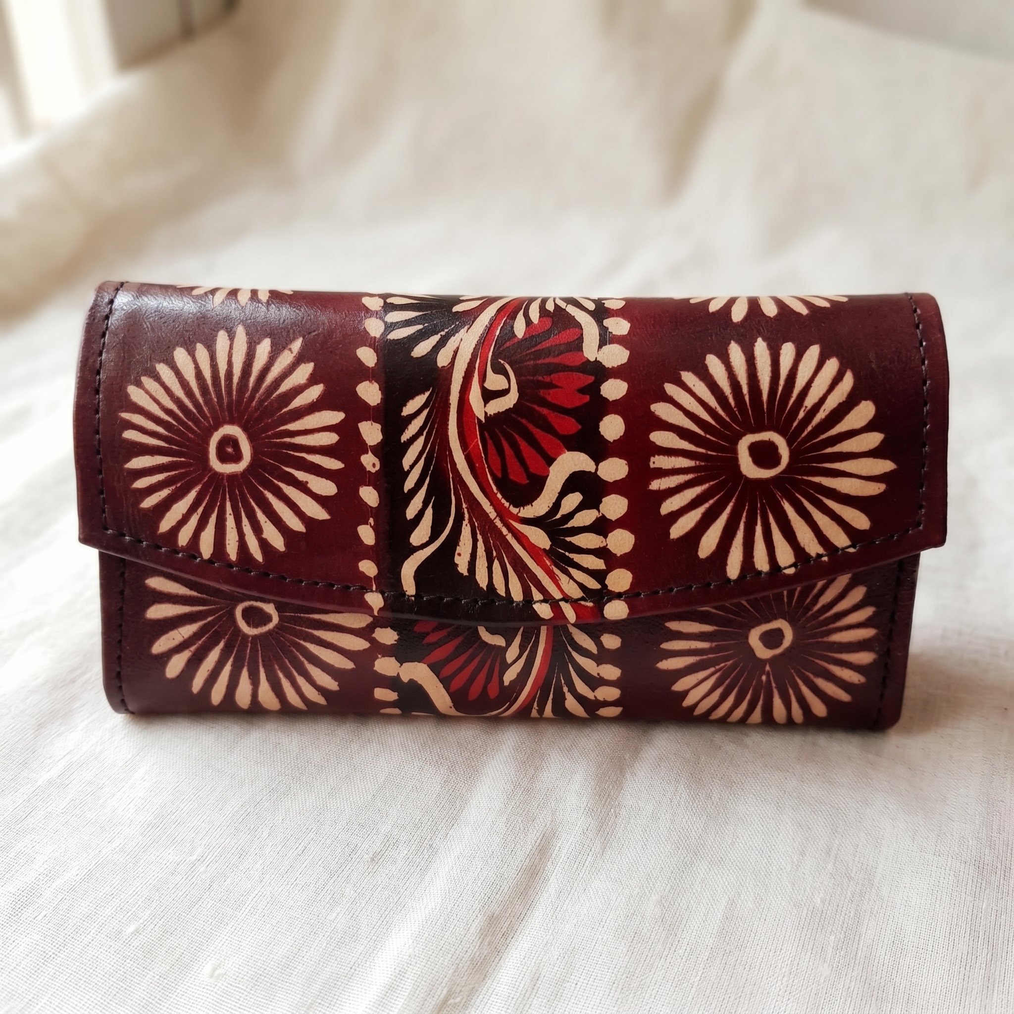 Hand Painted Batik Leather Clutch Purse for Women — Genuine Leather Zip Clutch Bag