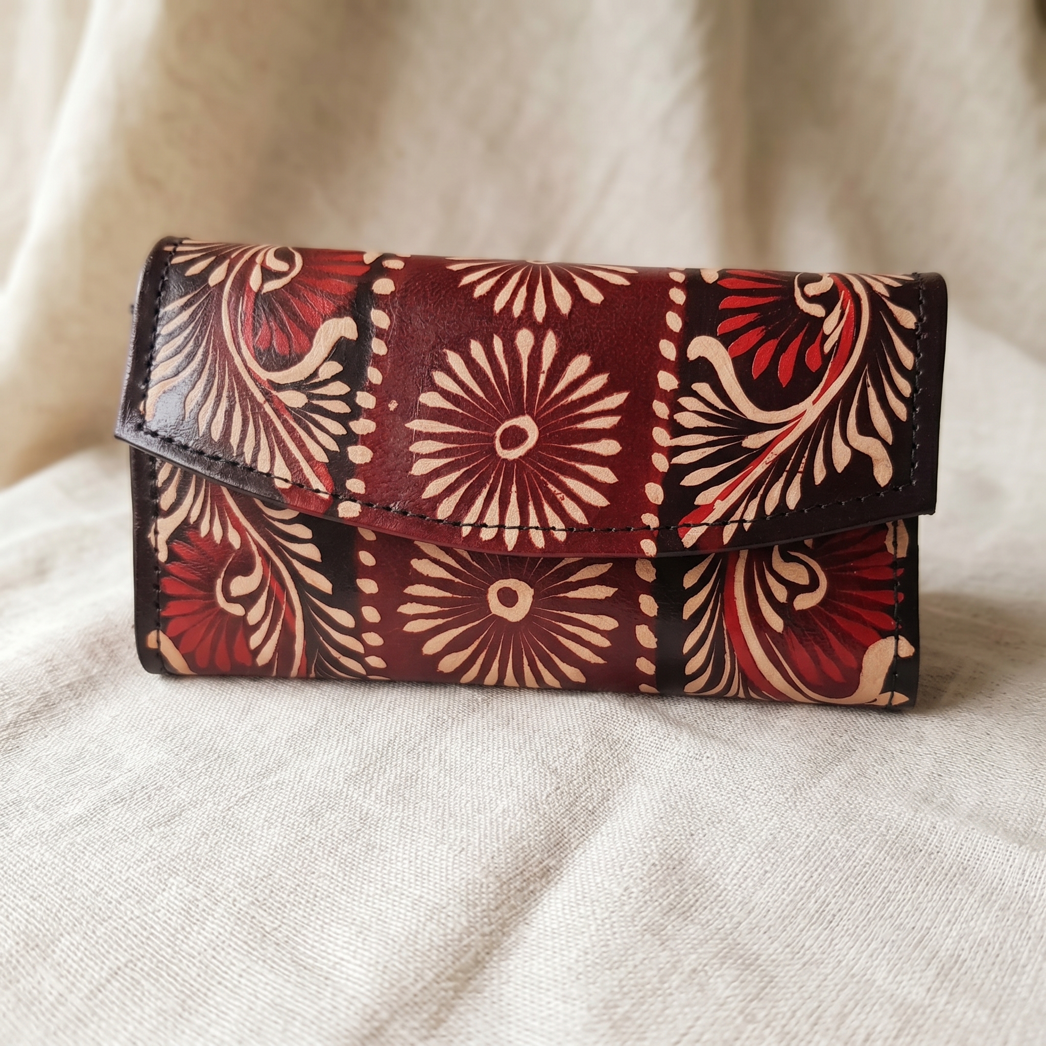 Hand Painted Batik Leather Clutch Purse for Women — Genuine Leather Zip Clutch Bag