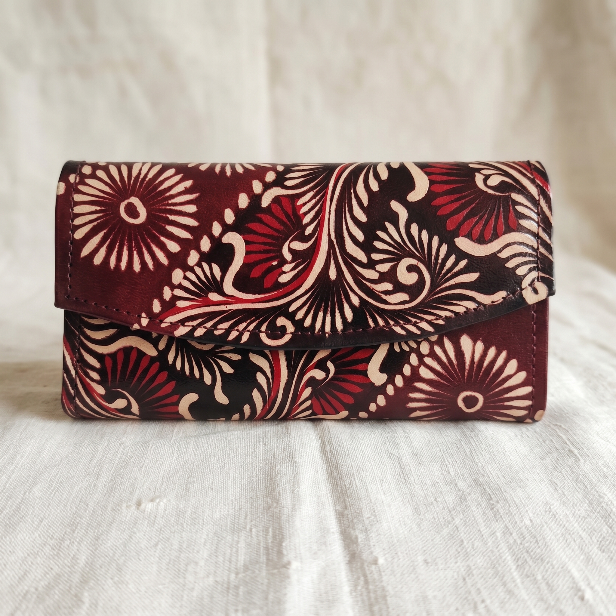 Hand Painted Batik Leather Clutch Purse for Women — Genuine Leather Zip Clutch Bag