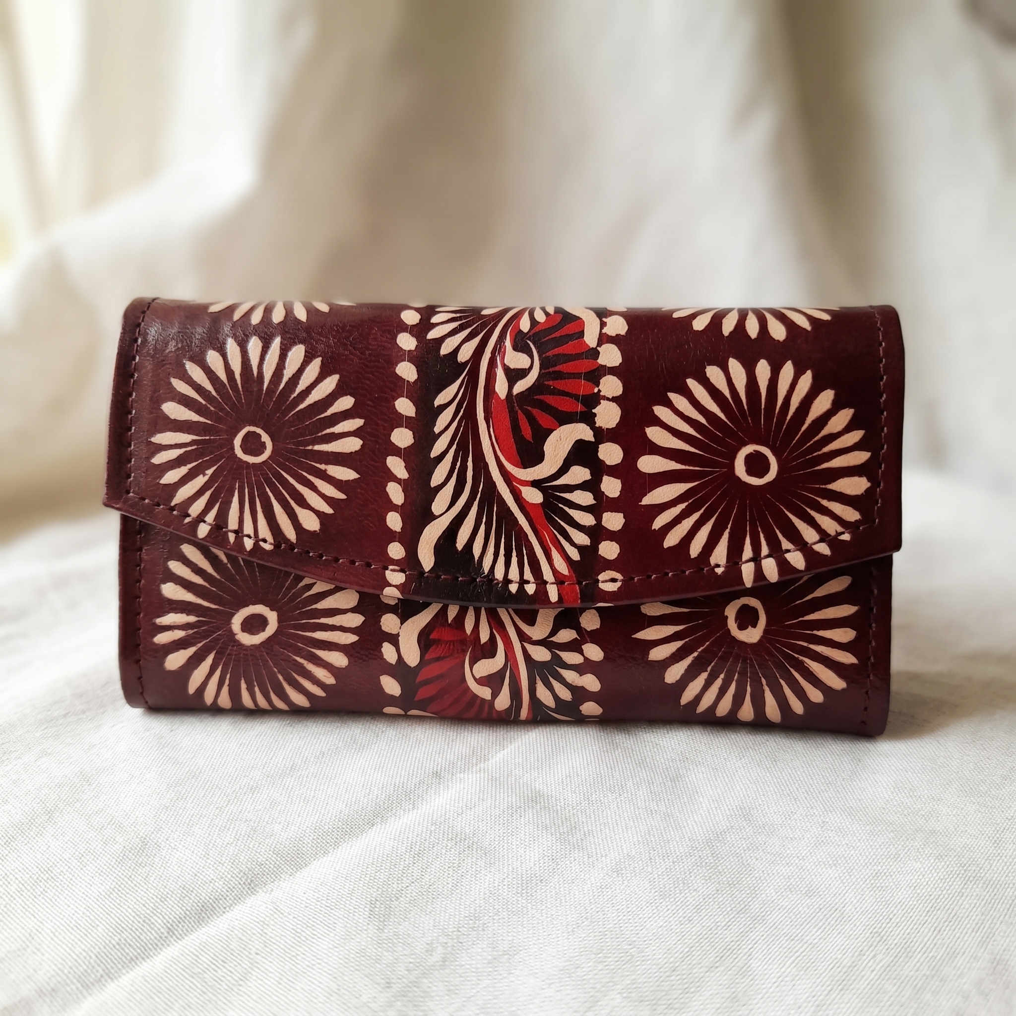 Hand Painted Batik Leather Clutch Purse for Women — Genuine Leather Zip Clutch Bag