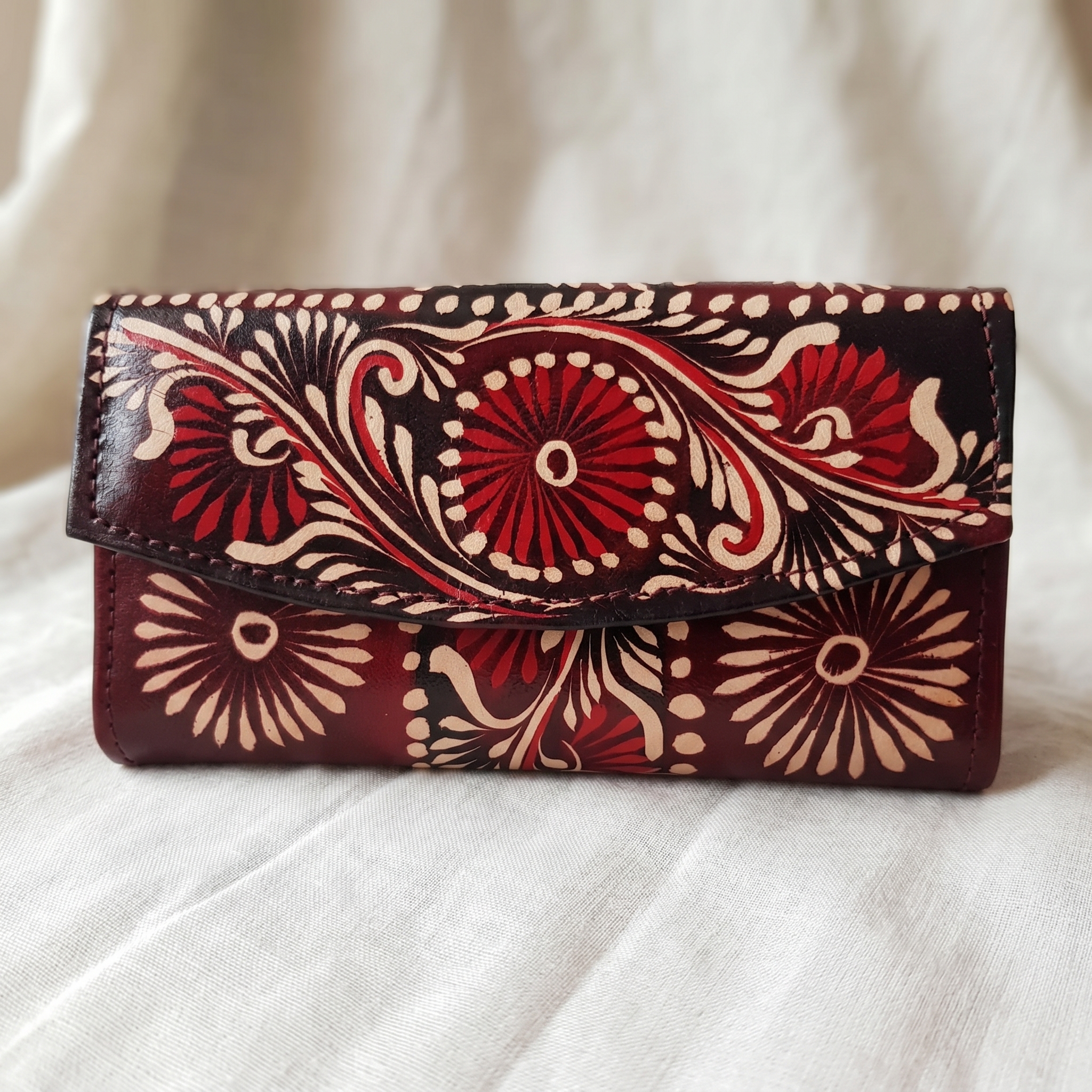 Hand Painted Batik Leather Clutch Purse for Women — Genuine Leather Zip Clutch Bag