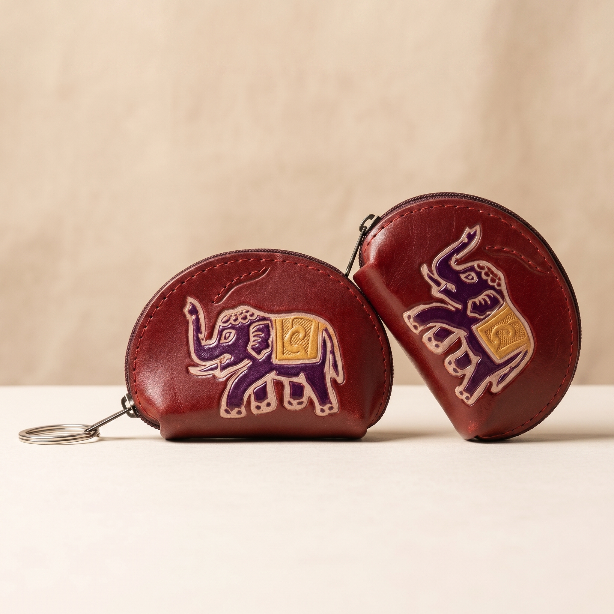 Hand Embossed Elephant Keyring with Coin Purse — Set of 2 | Handmade Leather Gift for Her