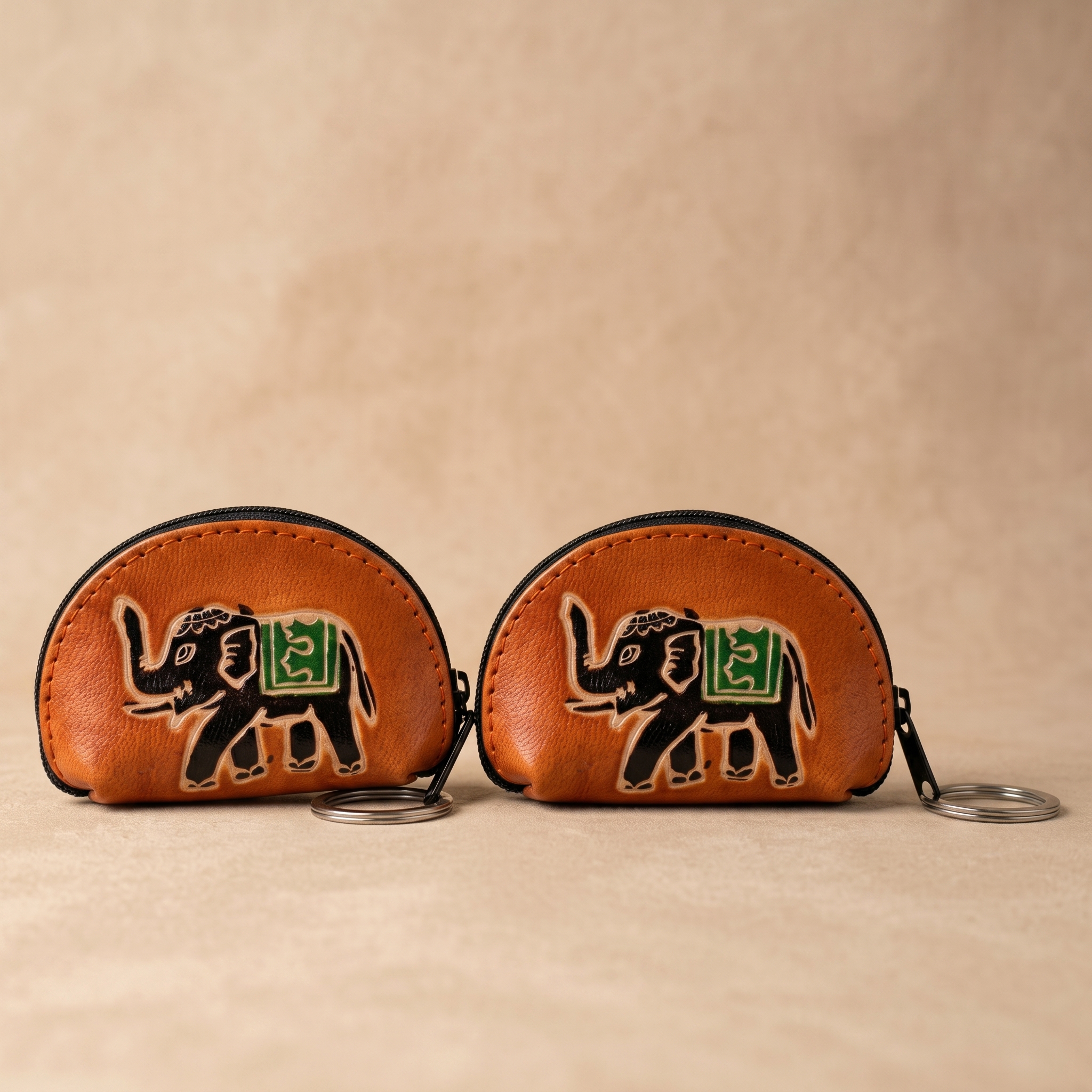 Hand Embossed Elephant Keyring with Coin Purse — Set of 2 | Handmade Leather Gift for Her